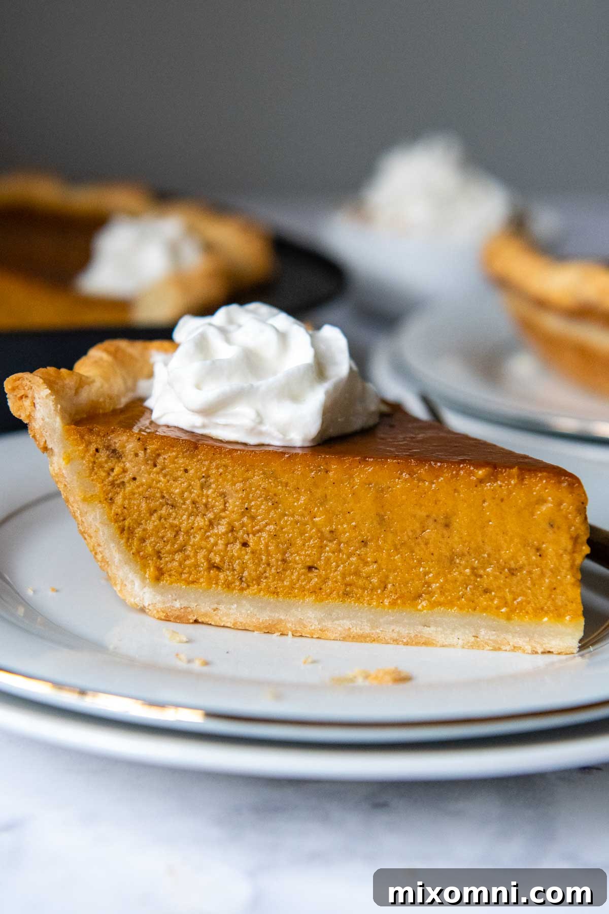 a slice of pumpkin pie on a white plate.
