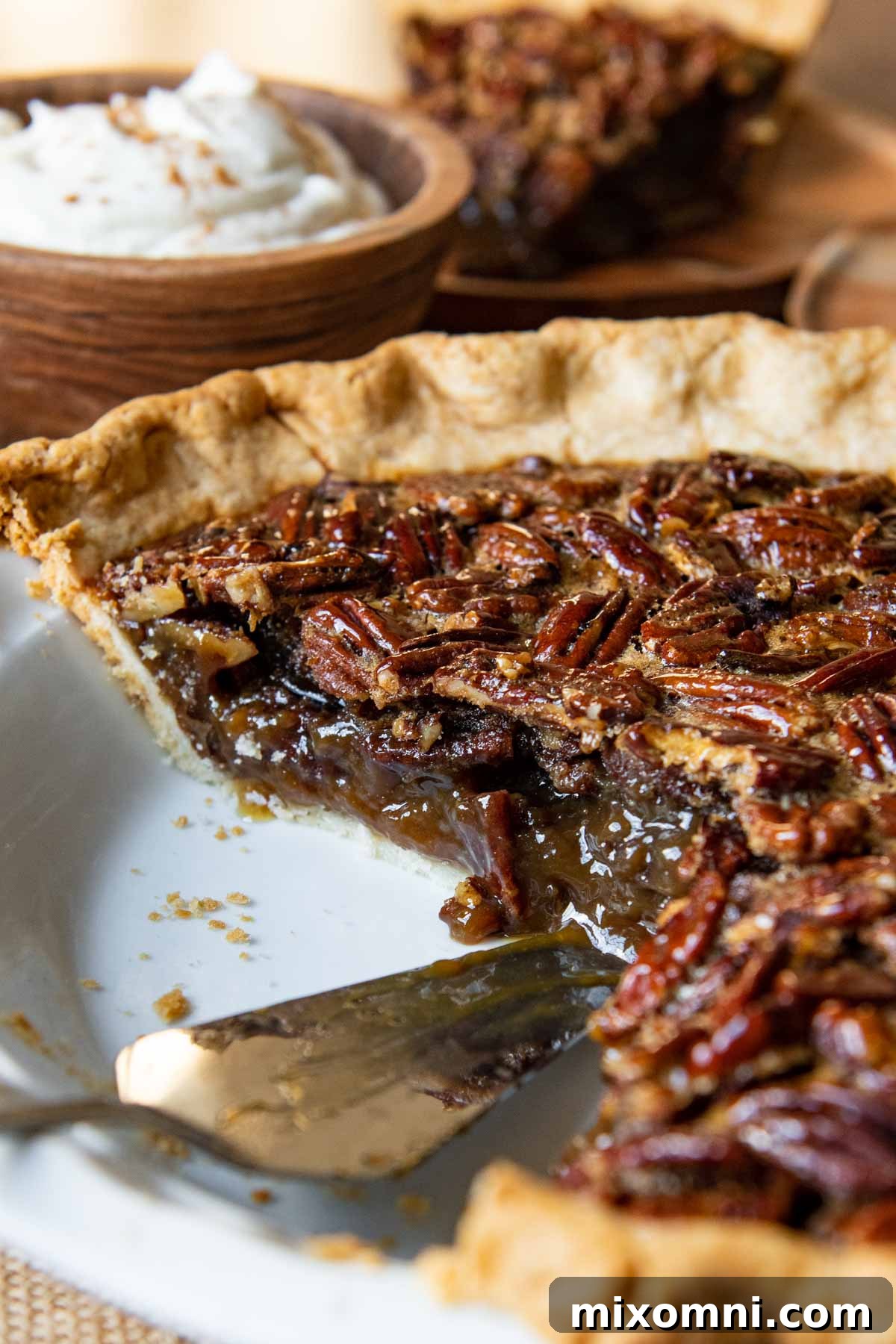close up of pecan pie sliced into