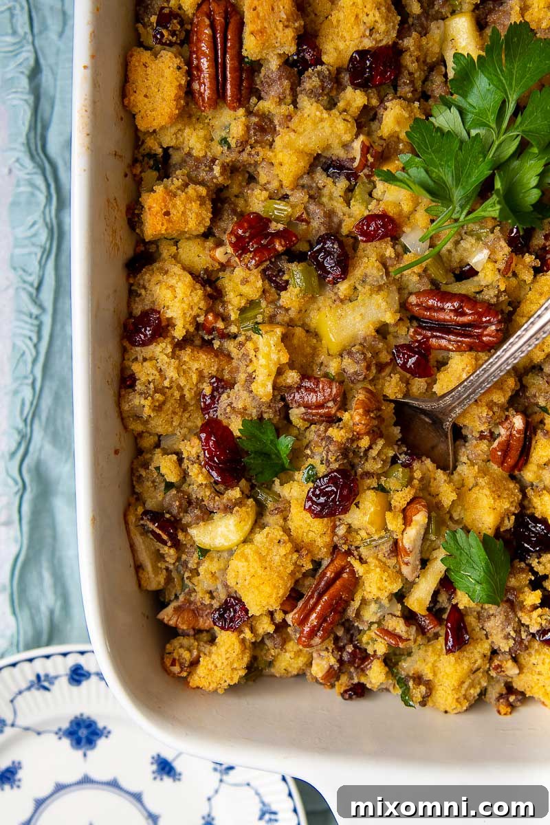 a large spoon scooping into gluten free cornbread stuffing