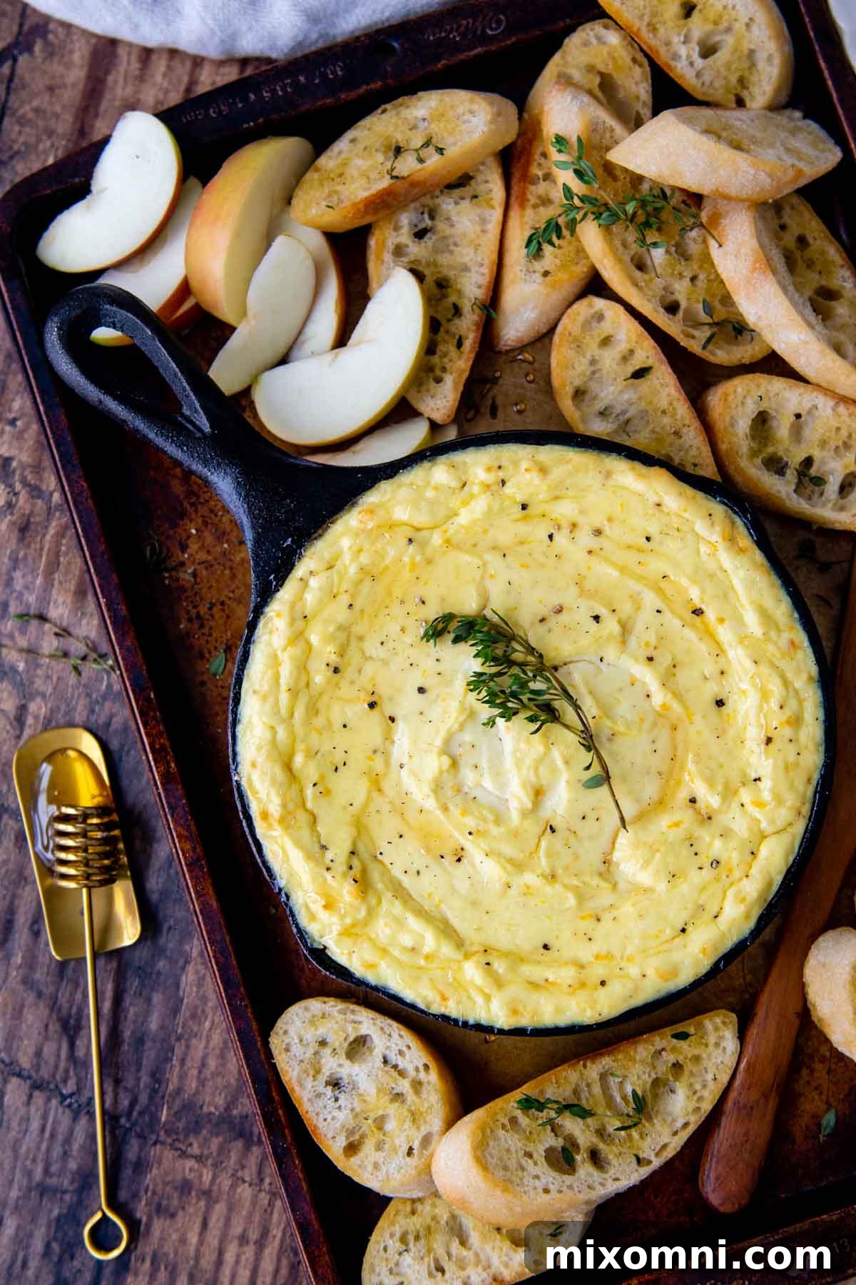 overhead shot of baked ricotta in a mini cast iron skillet with crostini around.