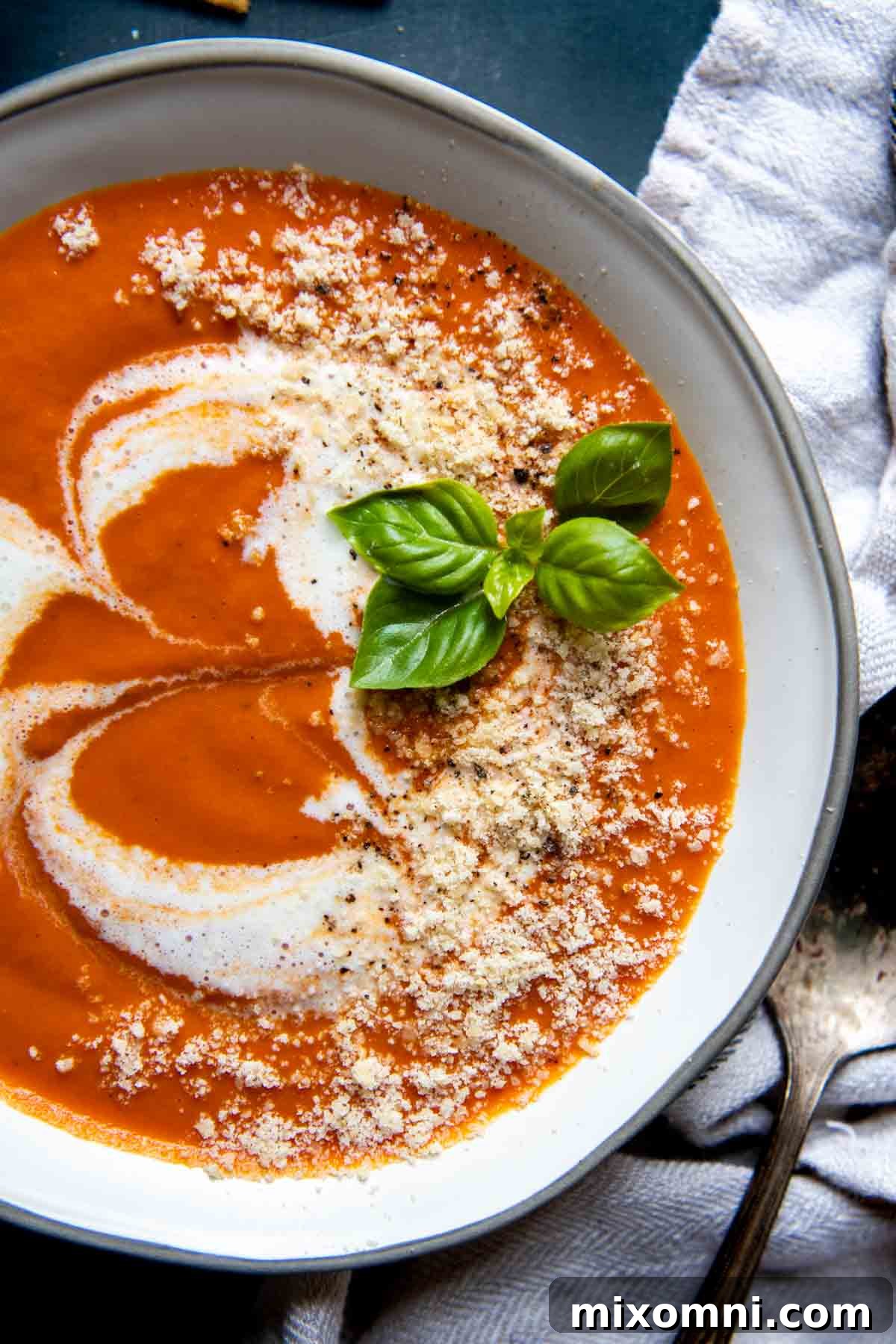 Overhead shot of gluten-free tomato soup in a bowl with fresh parmesan and basil leaves on top.