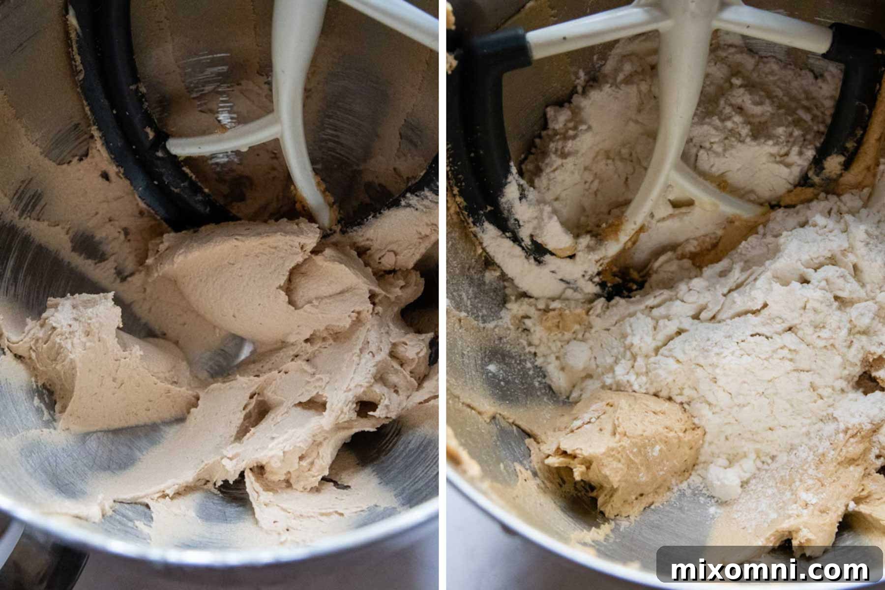A visual collage showing the progression of making a cookie cake, from mixing ingredients to placing dough in the pan.