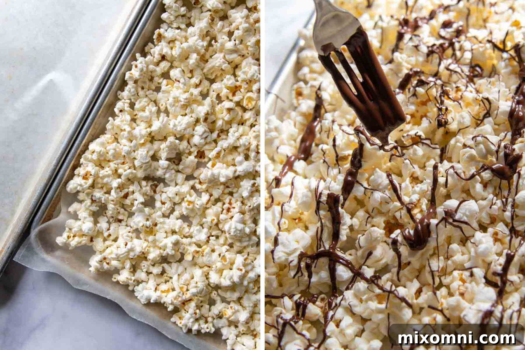 A fork skillfully drizzling melted chocolate over a bed of popped popcorn on a baking sheet.