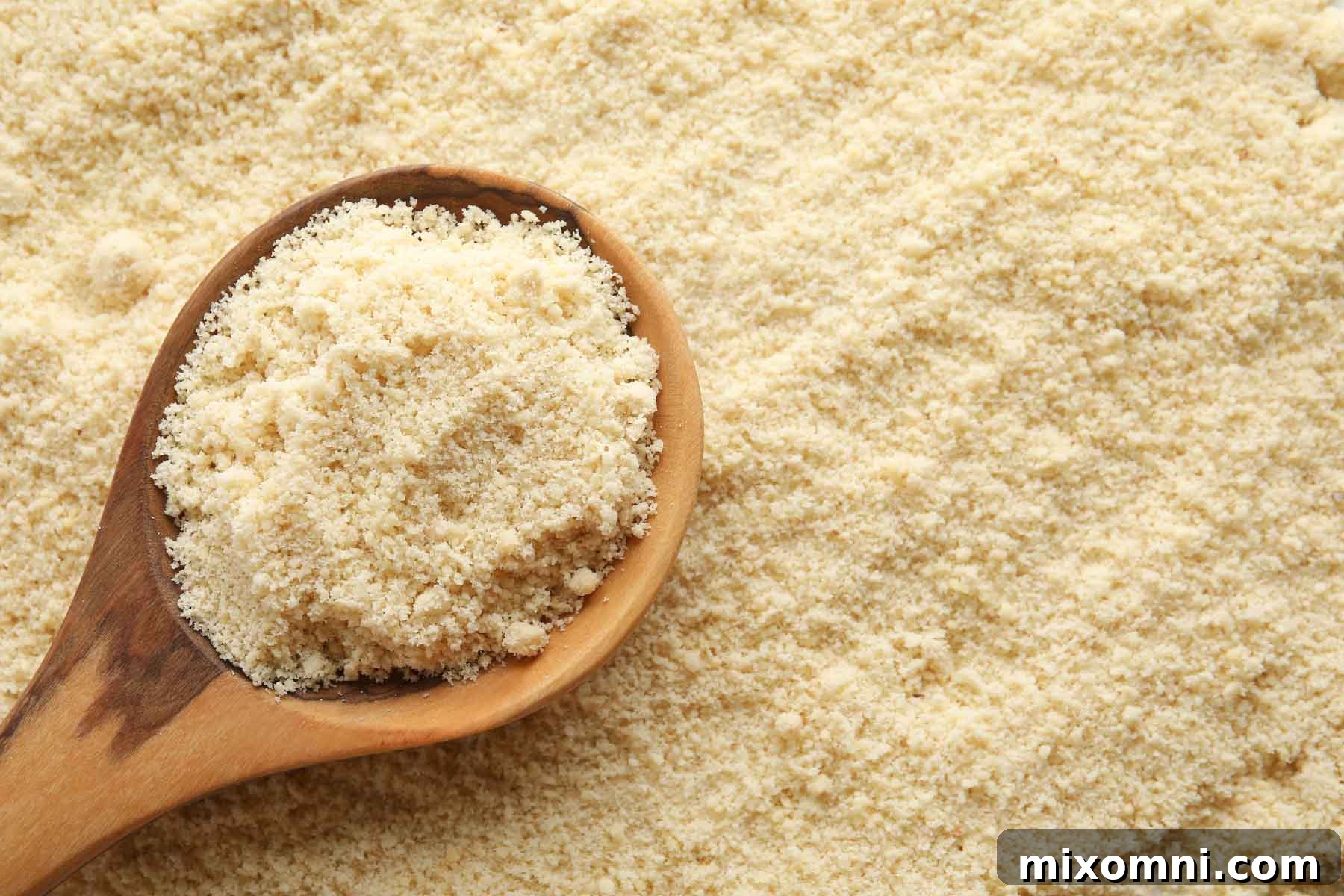 Close-up of a wooden spoon scooping fluffy homemade almond flour from a bowl.