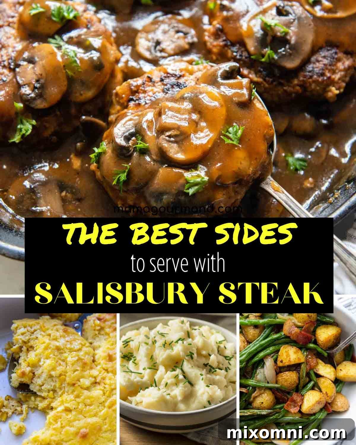 A beautifully presented Salisbury steak dinner with various side dishes, showcasing a hearty and comforting meal.