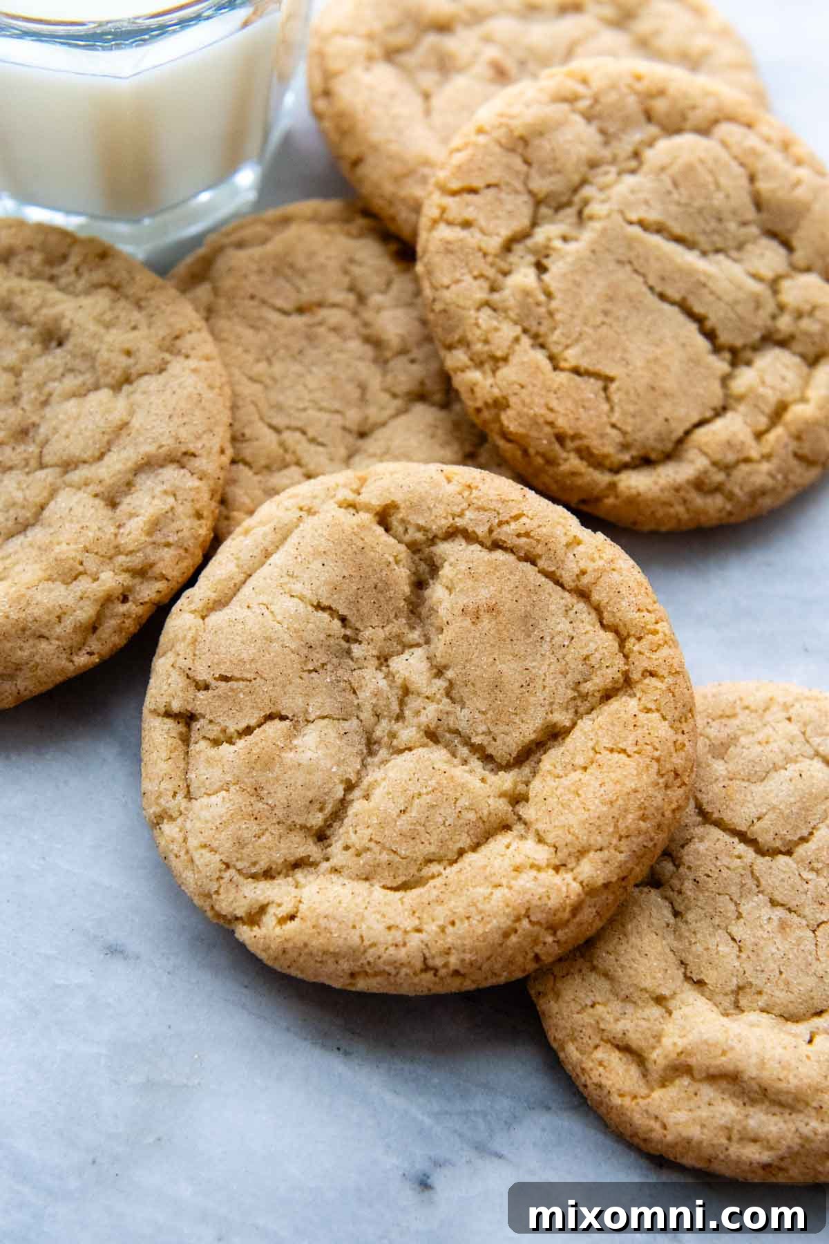 snickerdoodles arranged on a marble surface with a glass of milk.