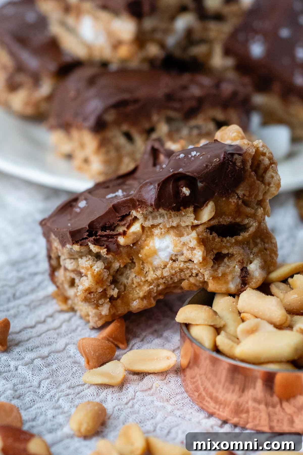 a bite taken out of the bar and facing the camera.