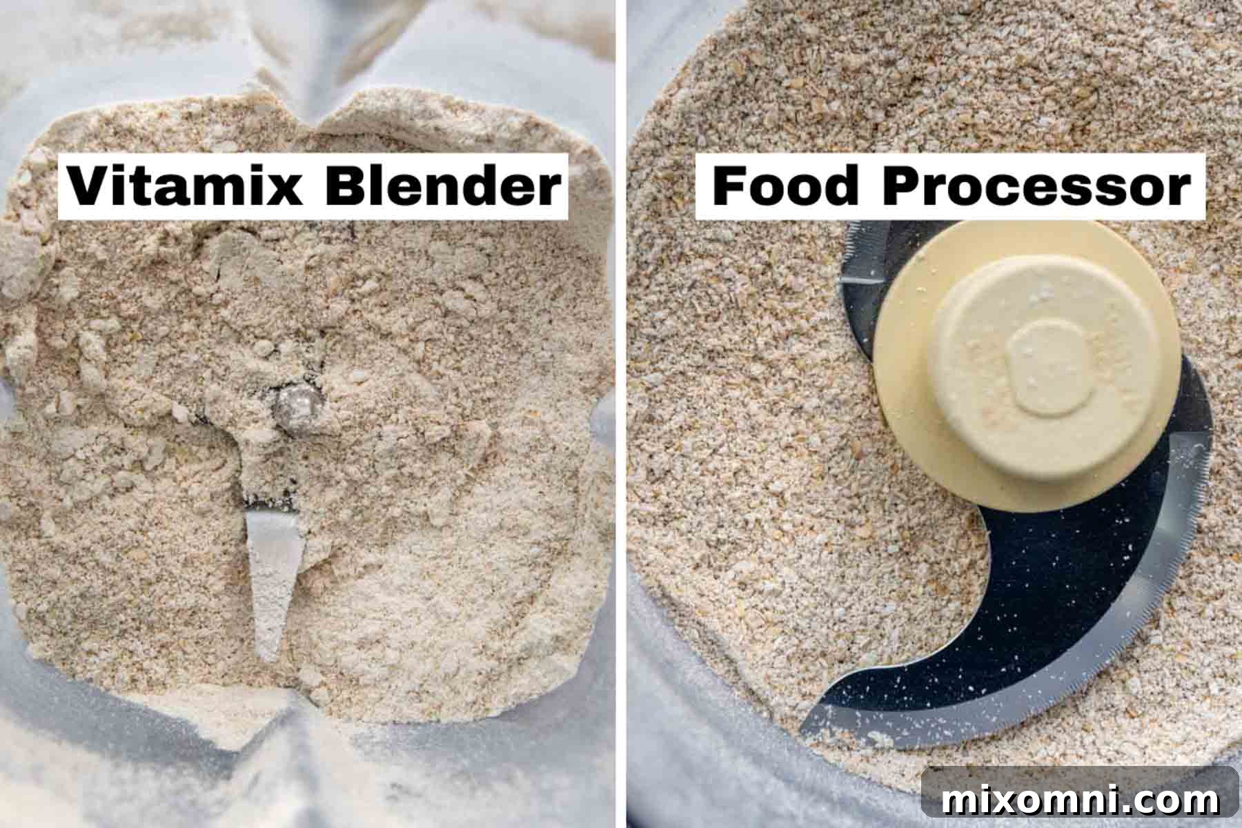 an image of oat flour made in a food processor versus blender.