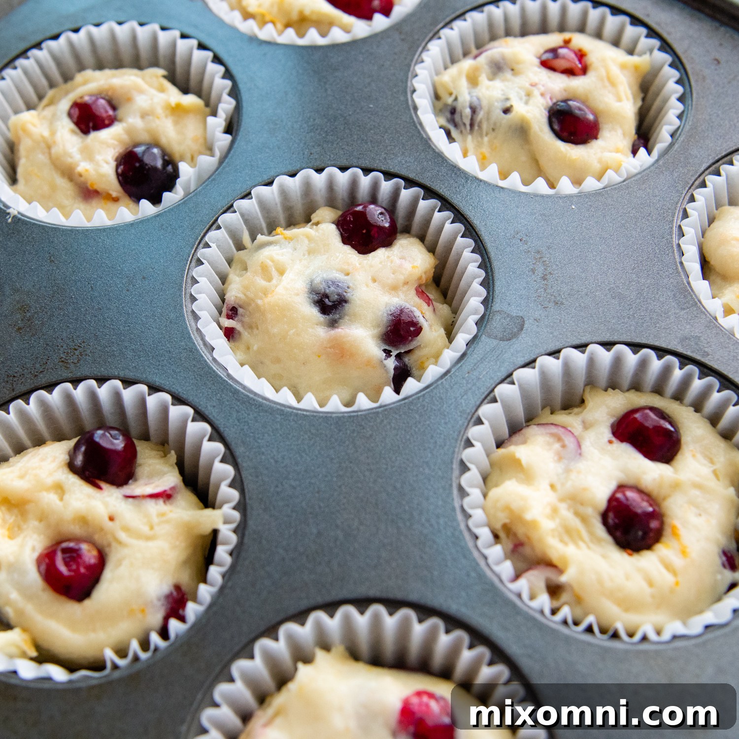 Unbaked muffin batter, evenly divided into lined muffin tins, resting before being placed in the oven.