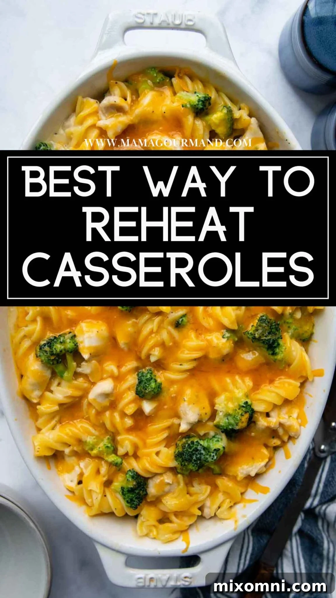 A cheesy broccoli casserole with text over, showcasing its delicious texture.