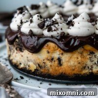 an uncut gluten free oreo cheesecake with ganache and whipped cream on top.