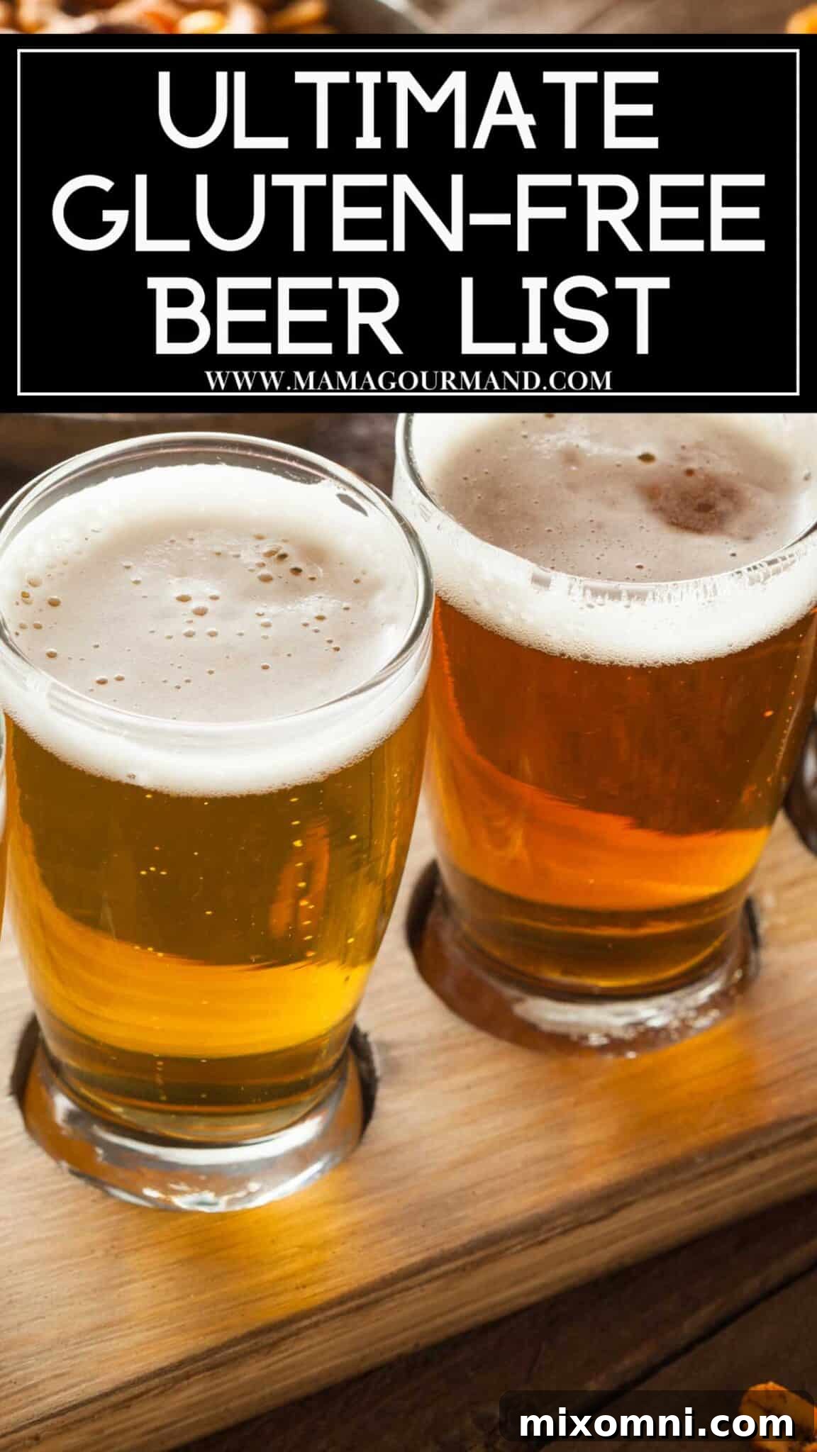 gluten-free beers in a glass on a wood board.