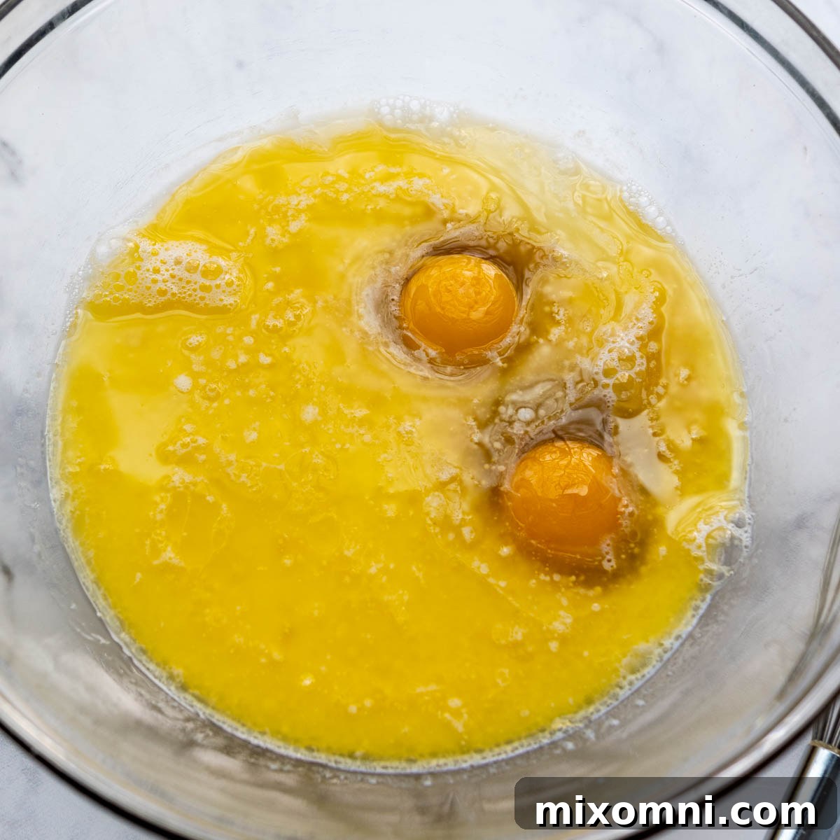 liquid ingredients in a glass bowl.