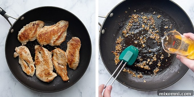 Progress images showing how to sear chicken for the sun-dried tomato chicken recipe.