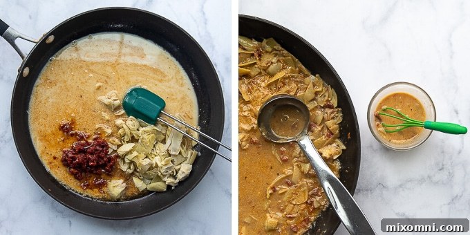 More images demonstrating the sauce making process for the sun-dried tomato chicken recipe.