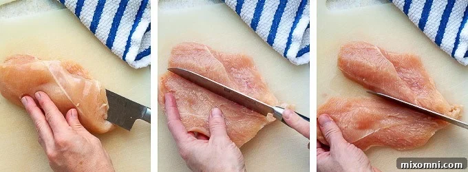 Images showing steps of how to butterfly chicken breasts and make cutlets.