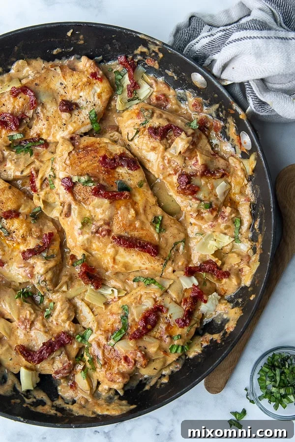 Overhead shot of a delicious sun-dried tomato skillet dish with chicken and sauce.