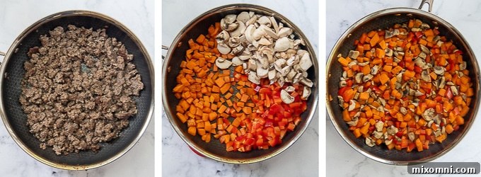 Step-by-step images showing the preparation process for egg muffins: cooking sausage and sautéing vegetables.