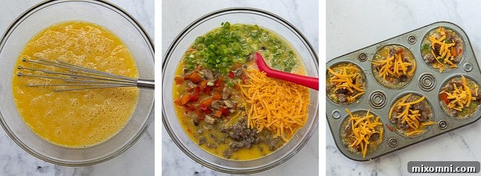 Step-by-step images showing the preparation process for breakfast egg muffins: mixing ingredients and filling muffin tins.