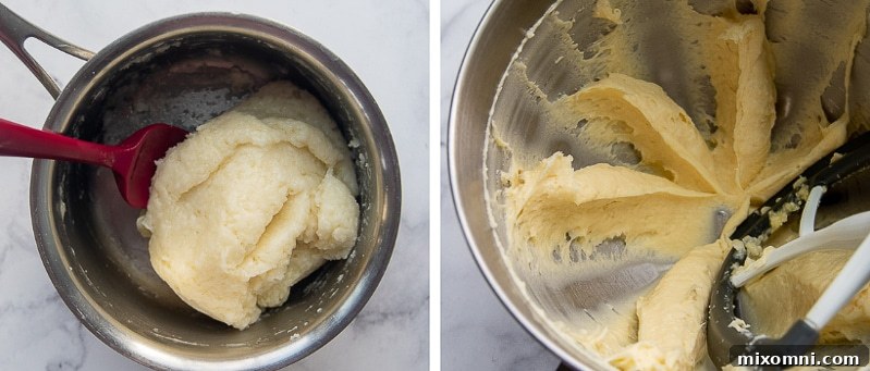A visual guide showing the initial stages of gluten-free churro preparation: heating ingredients, stirring in flour to form a dough ball, and the dough in a mixing bowl.