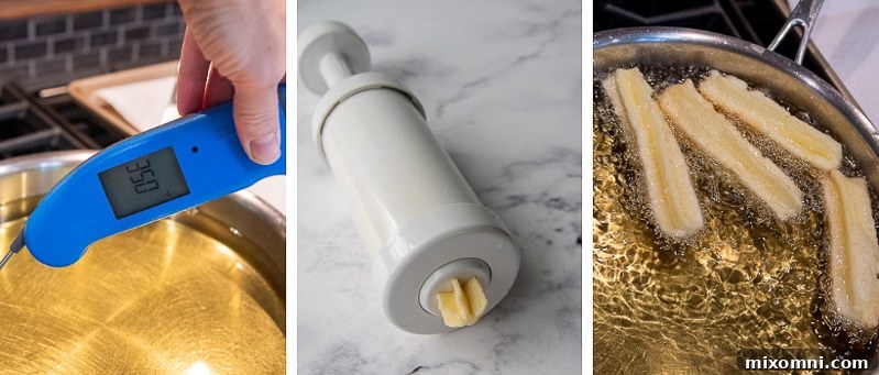 A visual guide depicting the churro cooking process: oil heating with a thermometer, piping dough, and churros frying to a golden crisp.