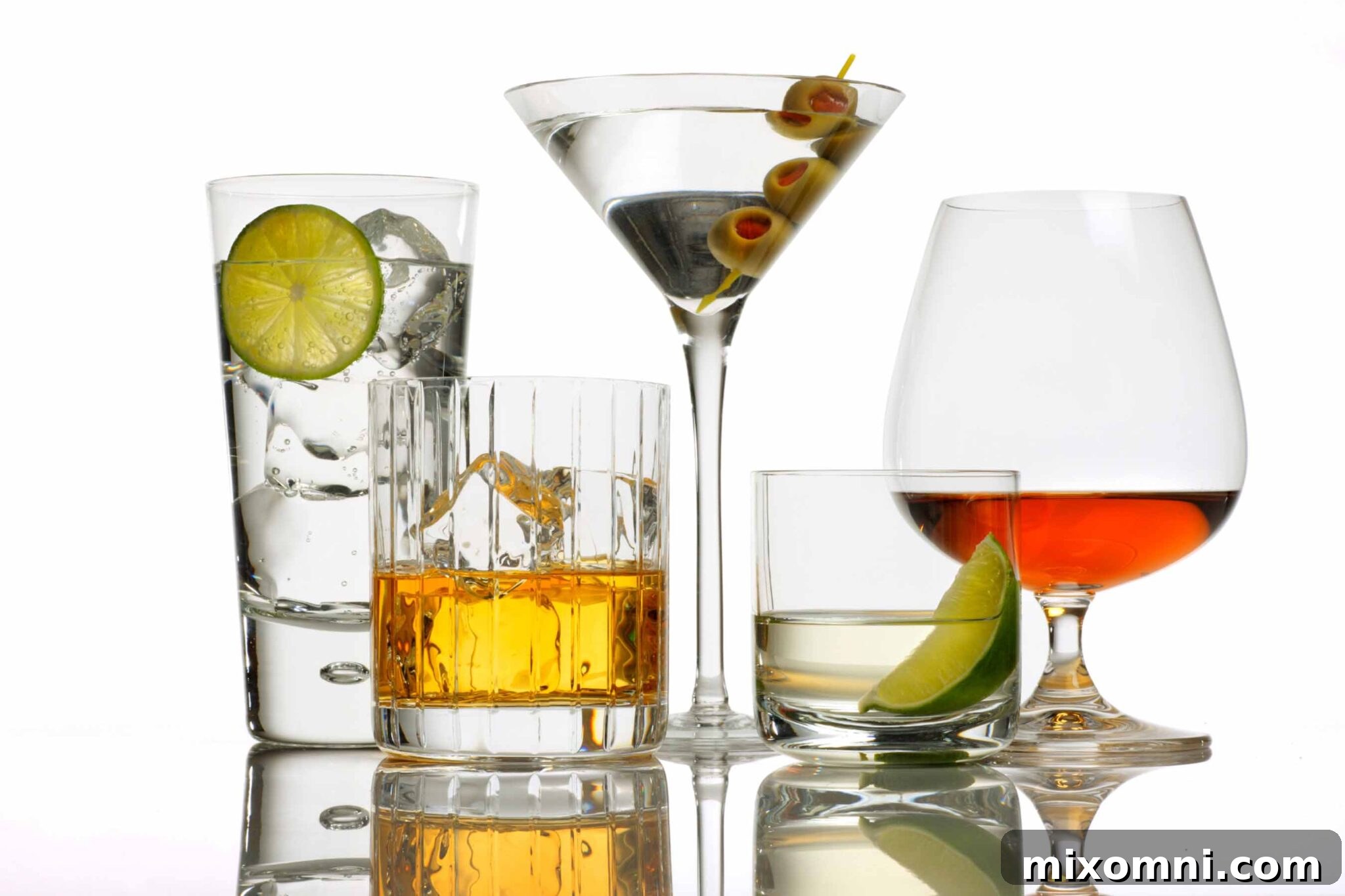 different types of cocktails on a white background.