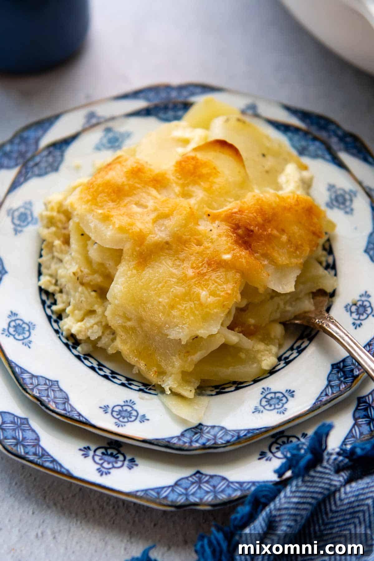 A single serving of golden-brown au gratin potatoes presented on an elegant white and blue plate, ready to be enjoyed.