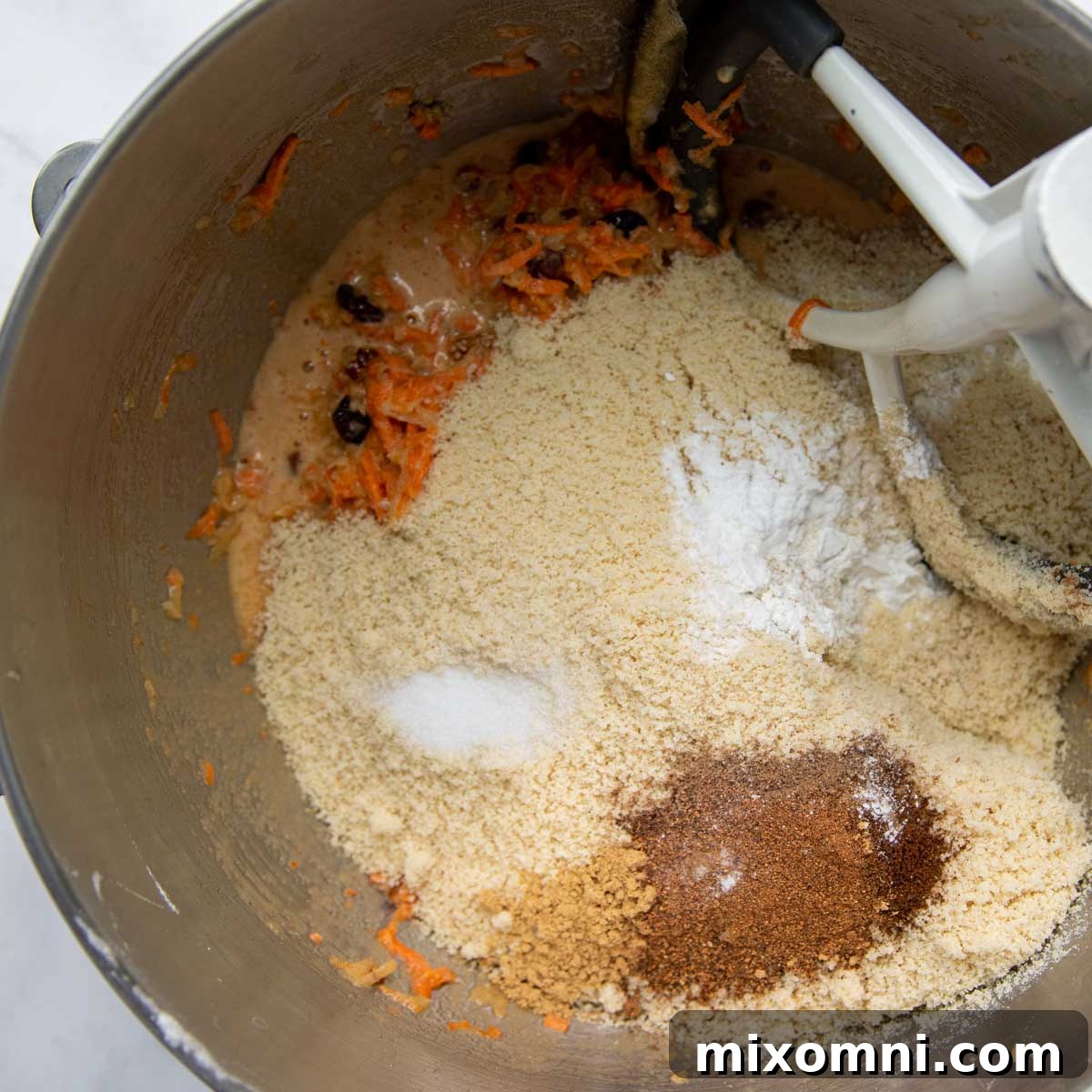 the dry ingredients added to the cake batter.