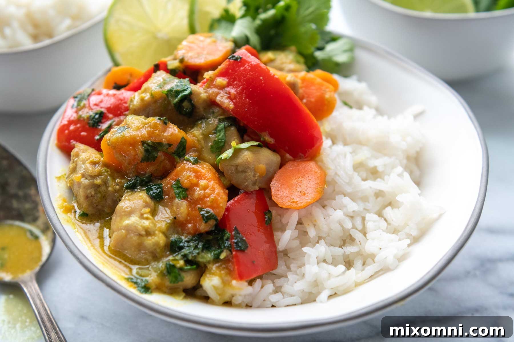 A beautifully presented bowl of gluten-free coconut chicken curry, garnished with fresh lime slices and cilantro, ready to be enjoyed.