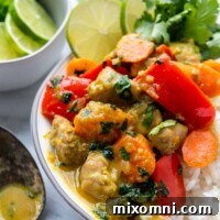 Close up of the finished gluten-free coconut chicken curry dish.