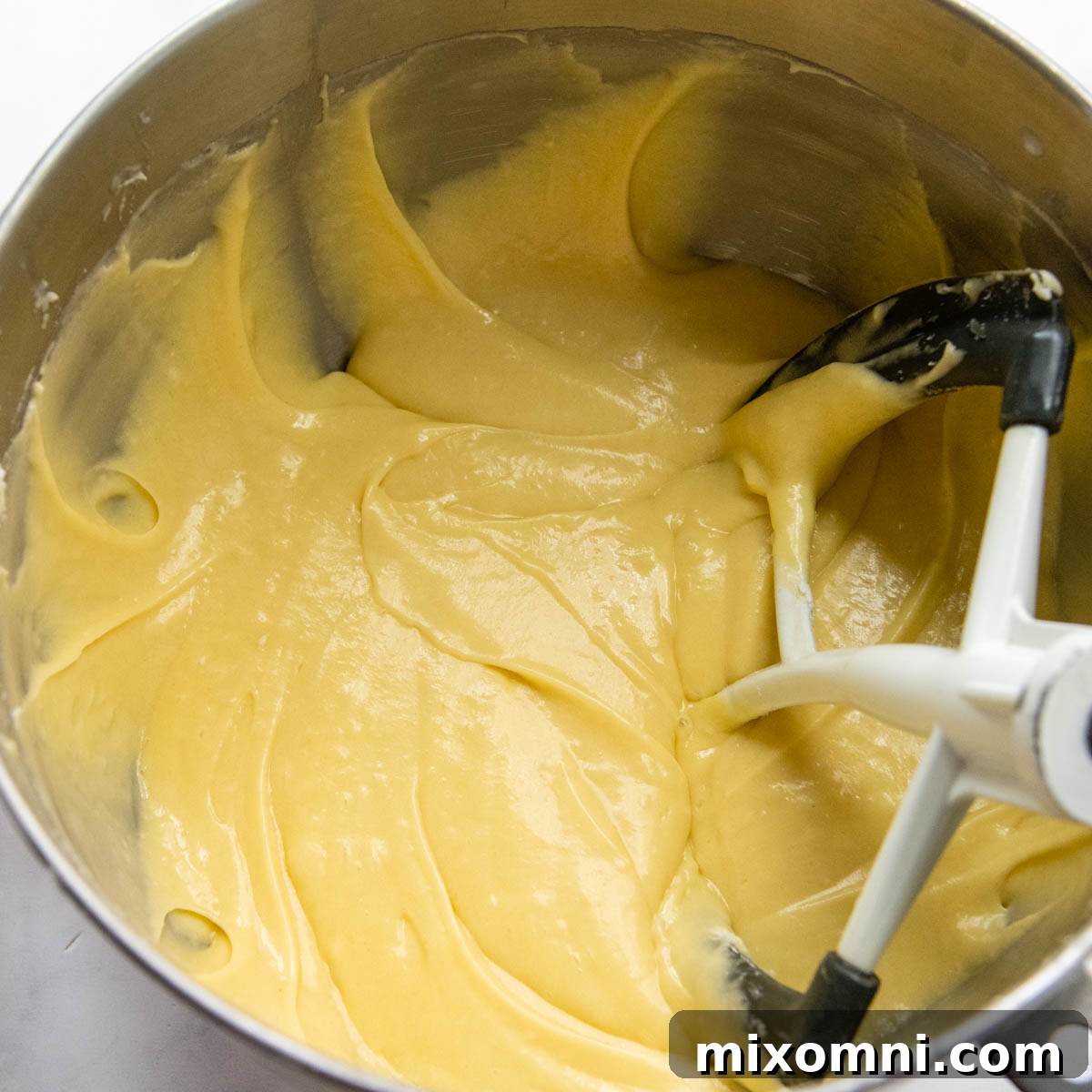 The finished gluten-free pound cake batter, smooth and ready to be poured into the baking pan.