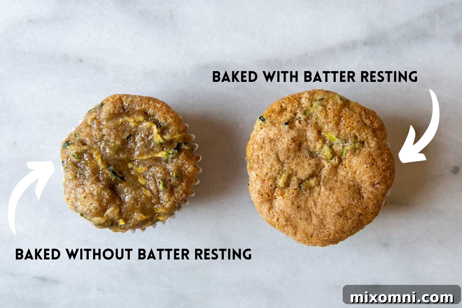 Two zucchini muffins side by side, illustrating the difference between a muffin baked immediately and one baked after the batter rested.
