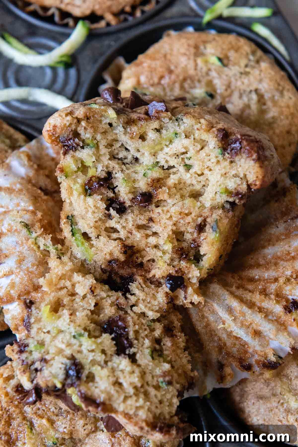 The inside of a gluten-free zucchini muffin with visibly melted chocolate chips.
