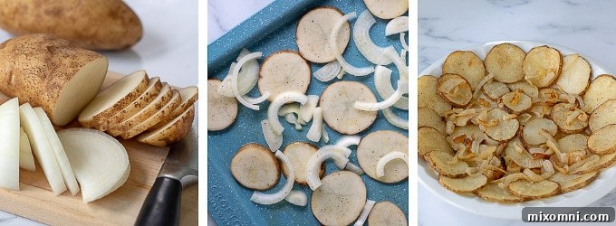 Images demonstrating the slicing and preparation of potatoes and onions for the potato frittata recipe.