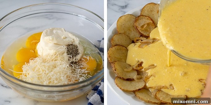 Images illustrating the ingredients for the frittata filling and how it's poured over the potato crust.
