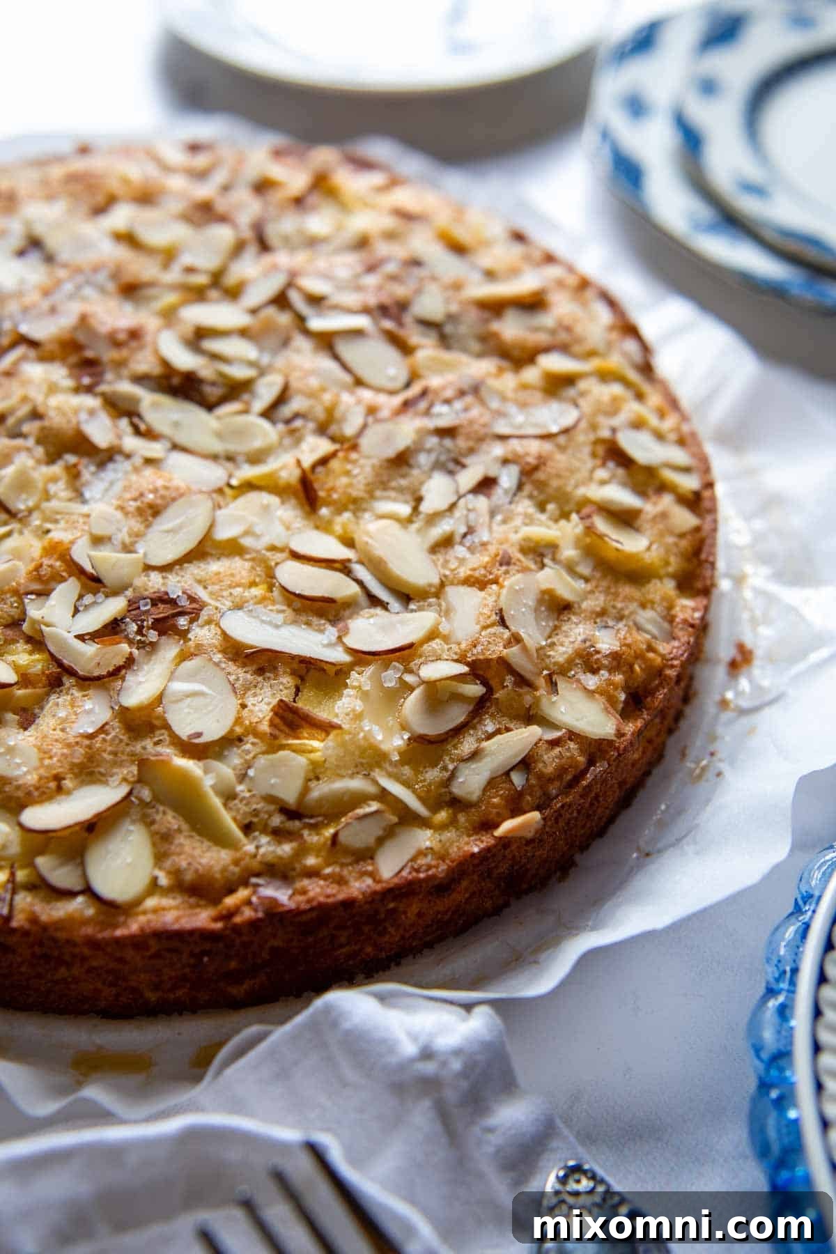 A beautifully sliced almond flour apple cake on a serving plate, surrounded by whole apples and plates.