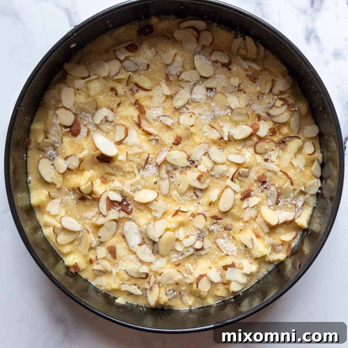 Unbaked apple cake batter in a springform pan, topped with sliced almonds and coarse sugar.