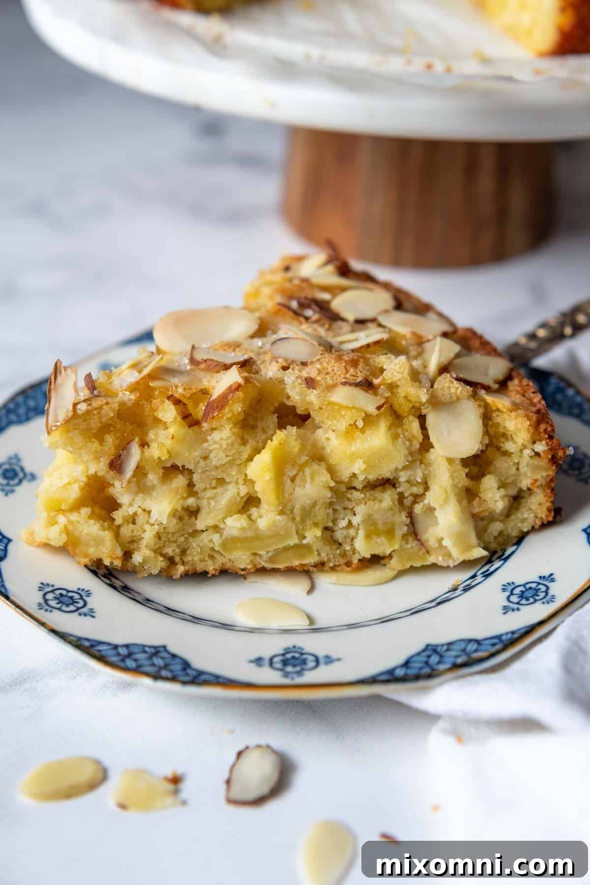 A perfectly sliced piece of almond apple cake on a elegant white and blue plate.