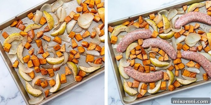 Step 2: Pears added to the roasted sweet potatoes and onions, then Italian sausages nestled among the ingredients.