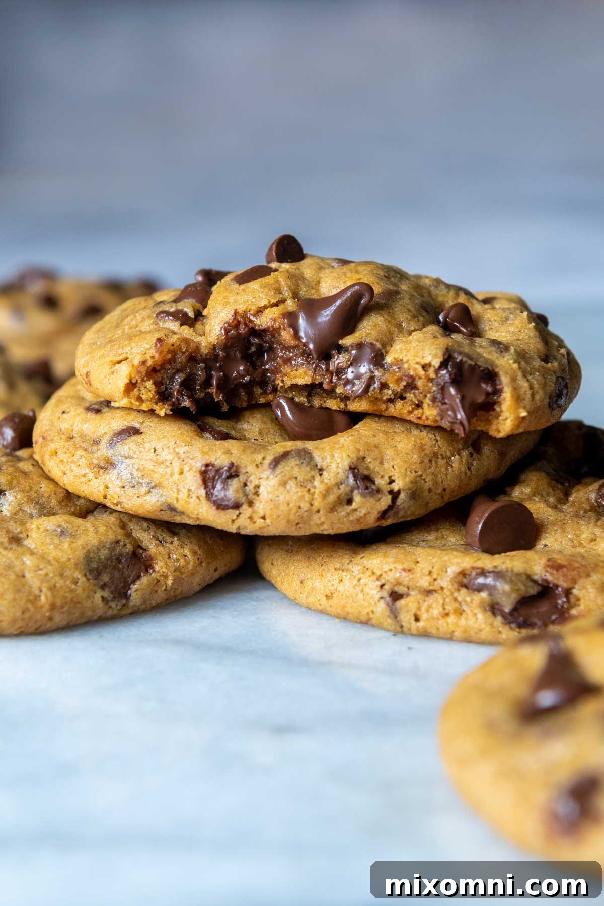 A close-up of a gluten-free pumpkin cookie with a bite taken out, revealing gooey melted chocolate chips and a soft, chewy interior.