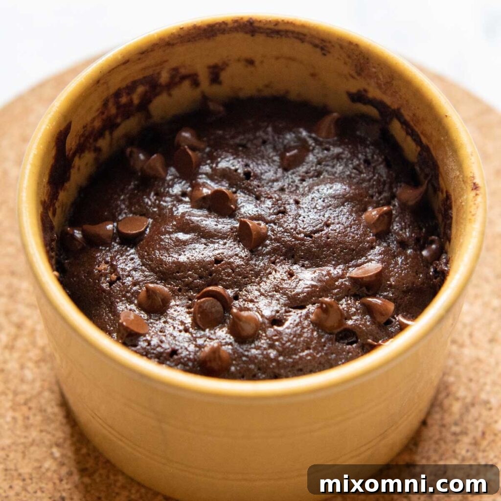 A freshly cooked gluten-free mug brownie sits in a dish, showing its perfectly firm and shiny top surface.