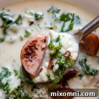 a spoon lifting out a bite of soup.