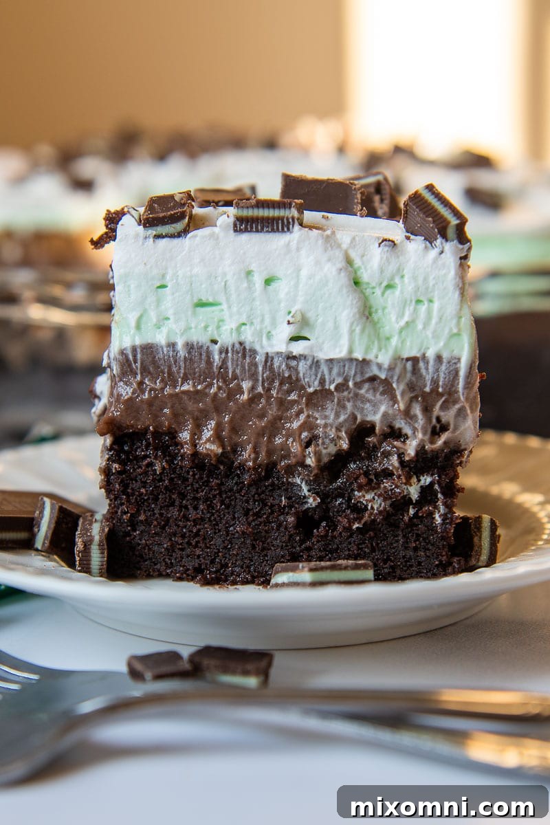 A delectable slice of Andes Mint Chocolate Pudding Poke Cake on a white plate, showcasing its distinct layers of chocolate cake, dark pudding, and light green mint topping, garnished with crushed Andes Mints.