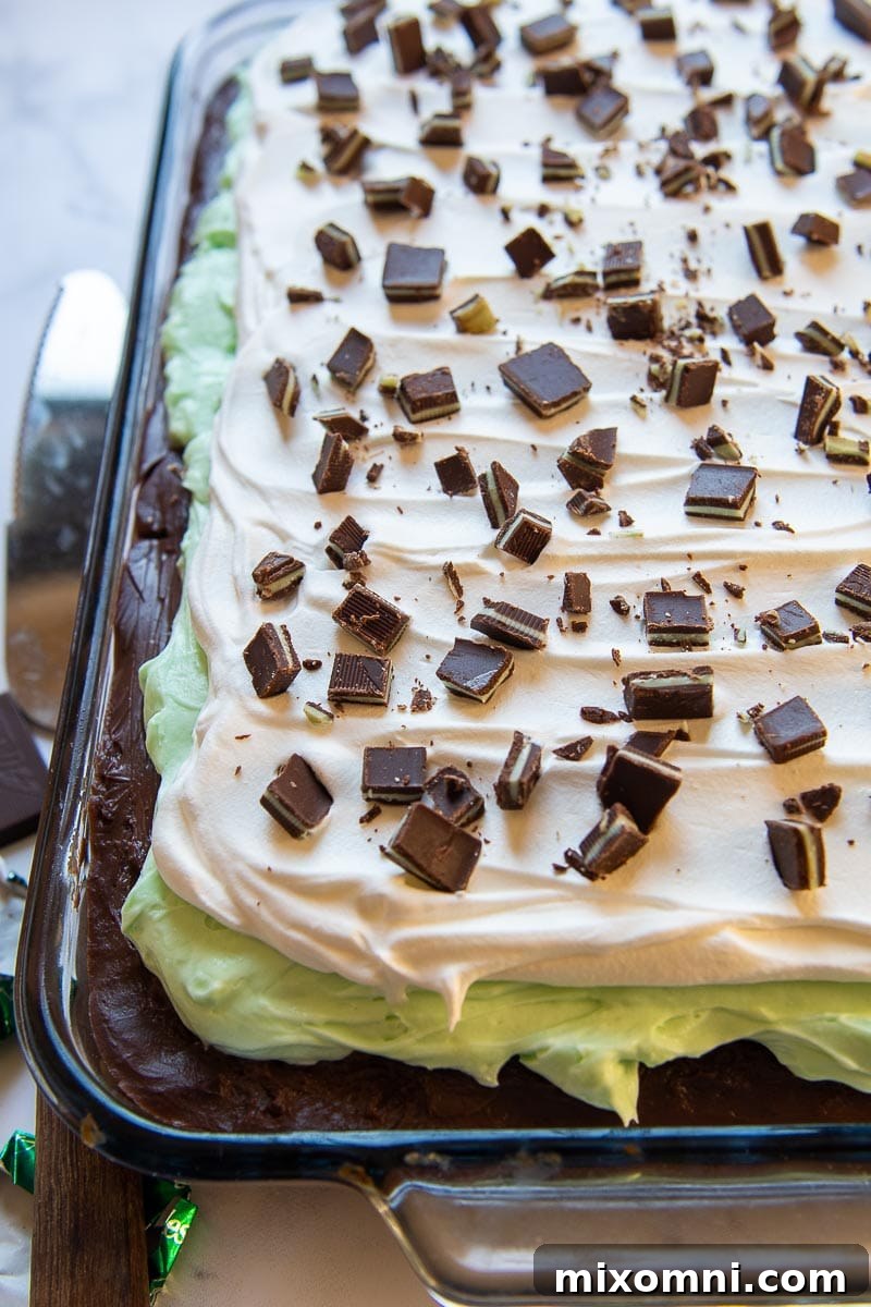 A top-down view of a full Andes Mint Chocolate Pudding Poke Cake in a baking dish, with a serving spoon poised to scoop a slice.