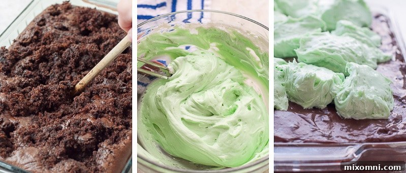 A visual collage illustrating the step-by-step process of making mint chocolate pudding poke cake, from mixing batter to pouring pudding and layering toppings.