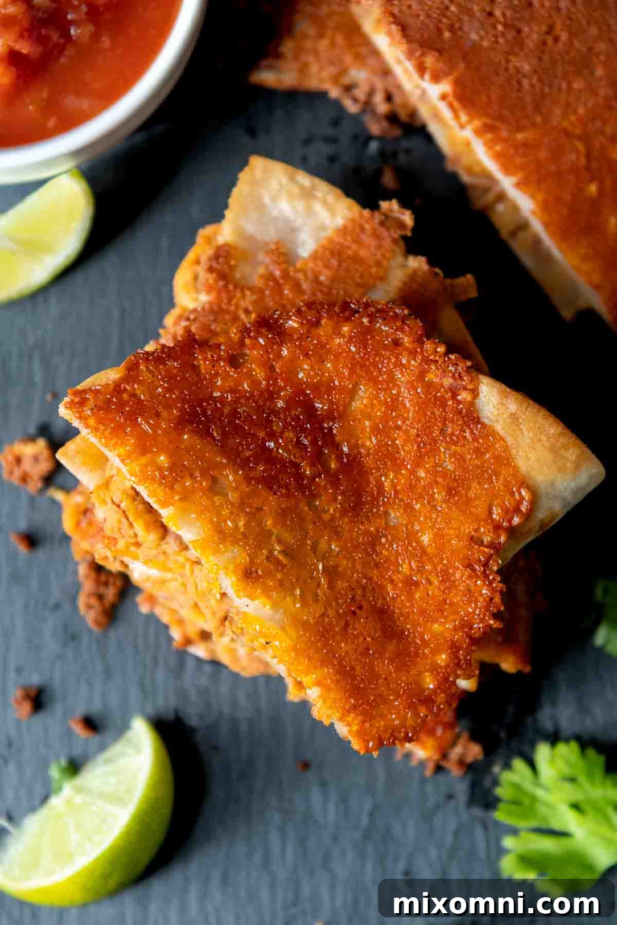top view of cheese crusted quesadilla.