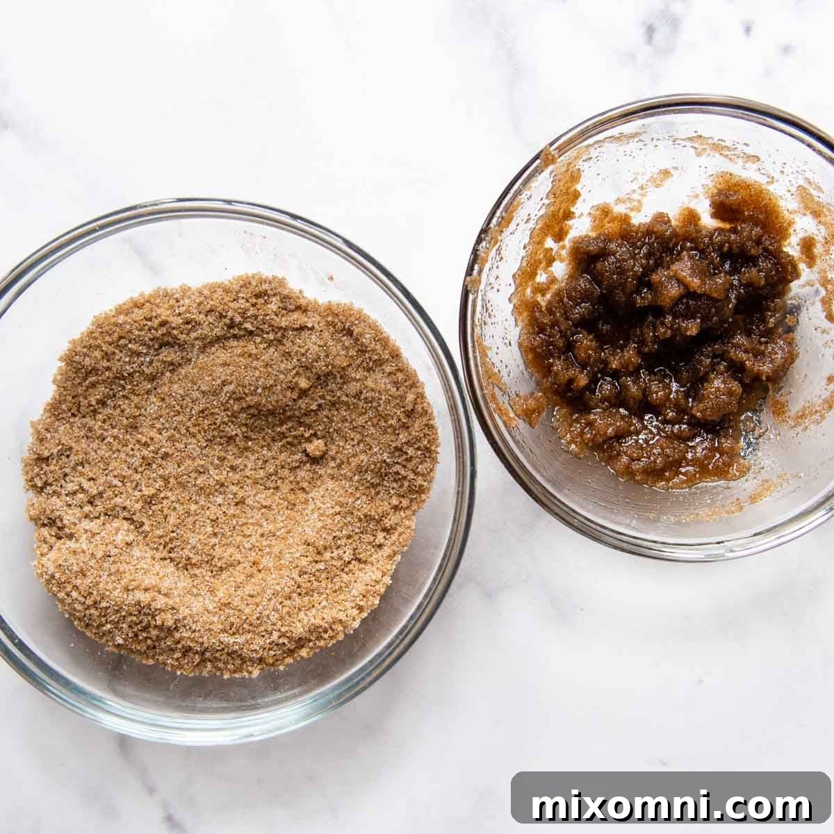 Two bowls are shown, one with dry cinnamon sugar mixture and another with melted butter stirred into a portion of the mixture.
