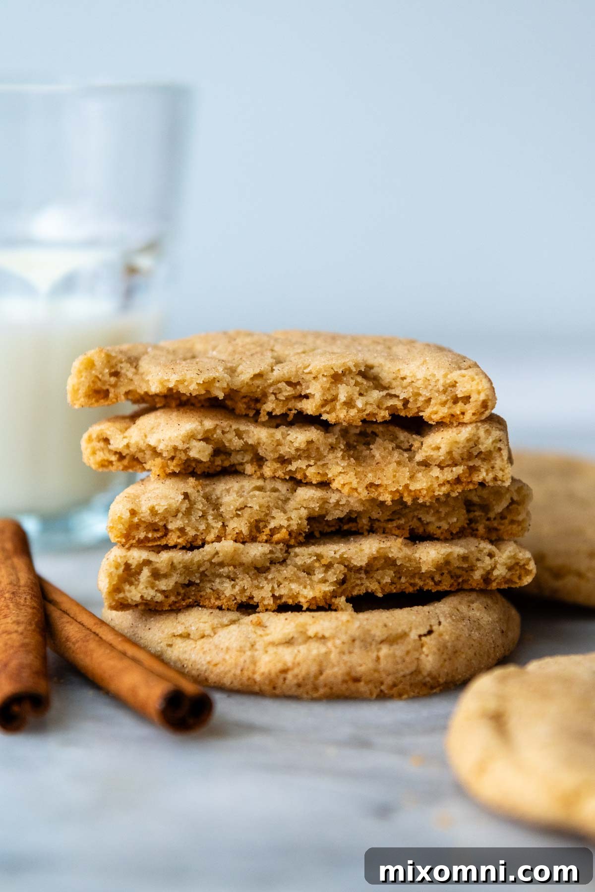 A delectable stack of four freshly baked gluten-free snickerdoodle cookies, with one cookie expertly broken in half to reveal its soft, chewy interior.