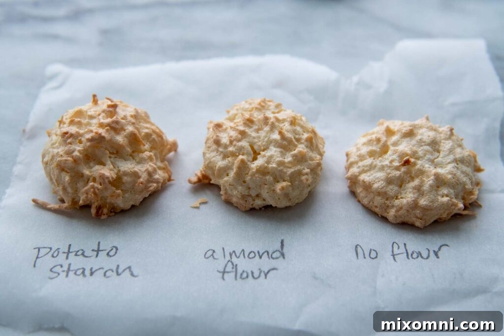 showing difference between potato starch, almond flour, and flourless, top angle.