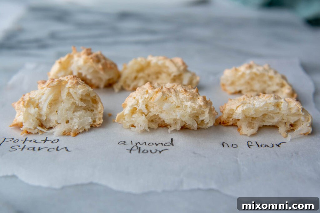 showing difference between potato starch, almond flour, and flourless, side angle.